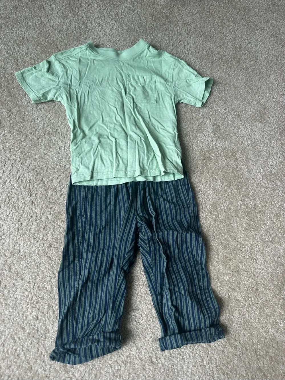 H&M Toddler 2-Piece Outfit Size 2T | Mint Pocket Tee & Blue Striped Linen Pants
